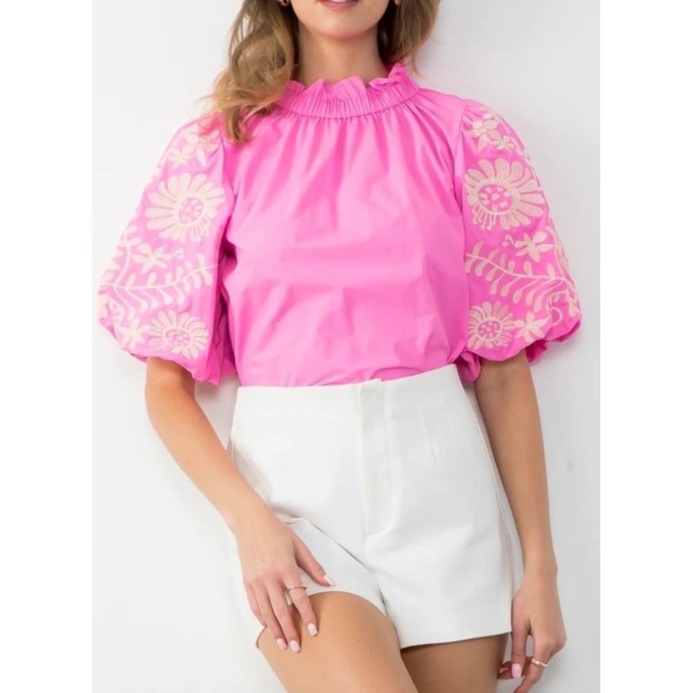 THML Embroidered Puff Sleeves Hot Pink Top Ruffled High Neck Button Back Size M
